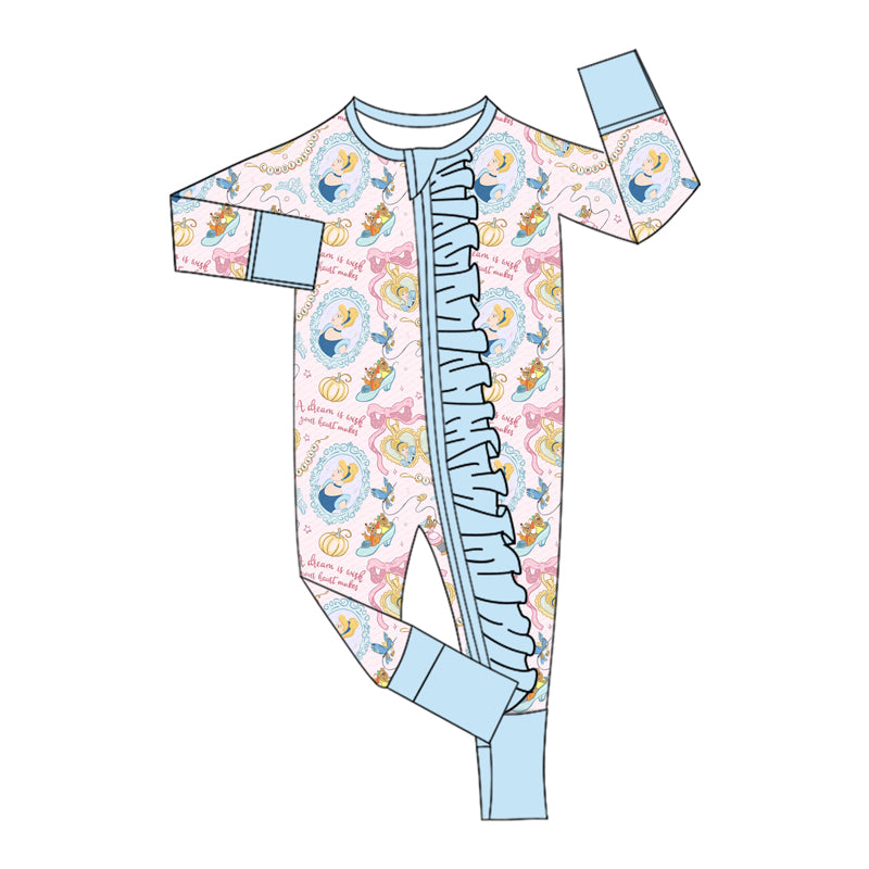 (Custom Design Preorder MOQ 5 ) Cartoon Princess Pumpkin Print Baby Girls Zipper Sleeper Romper