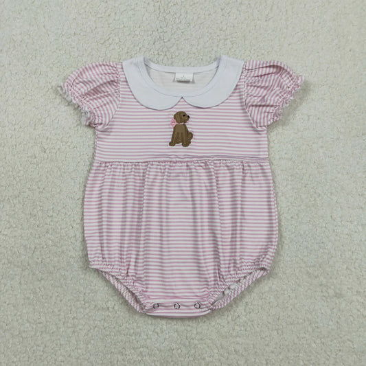Embroidery Bow Dogs Baby Girls Pink Stripe Collar Ruffle Rompers