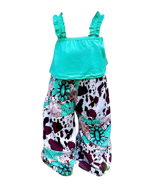 (Custom Design Preorder MOQ 5)  Green Crop Strap Top Turquoise Patchwork Pants Girls Summer Western Outfits