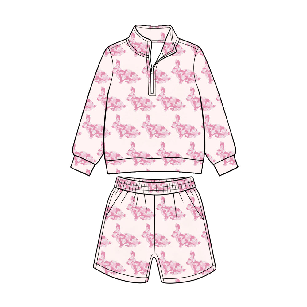 (Custom Design Preorder MOQ 5 Each) Eggs Bunny Print Long Sleeve Zipper Top Shorts Girls Easter Clothes Set Sisters Wear