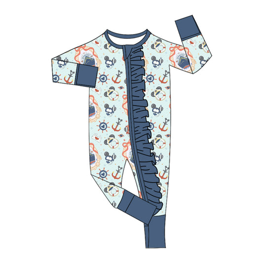 (Custom Design Preorder MOQ 5 ) Cartoon Mouse Boat Bows Print Baby Girls Zipper Sleeper Romper