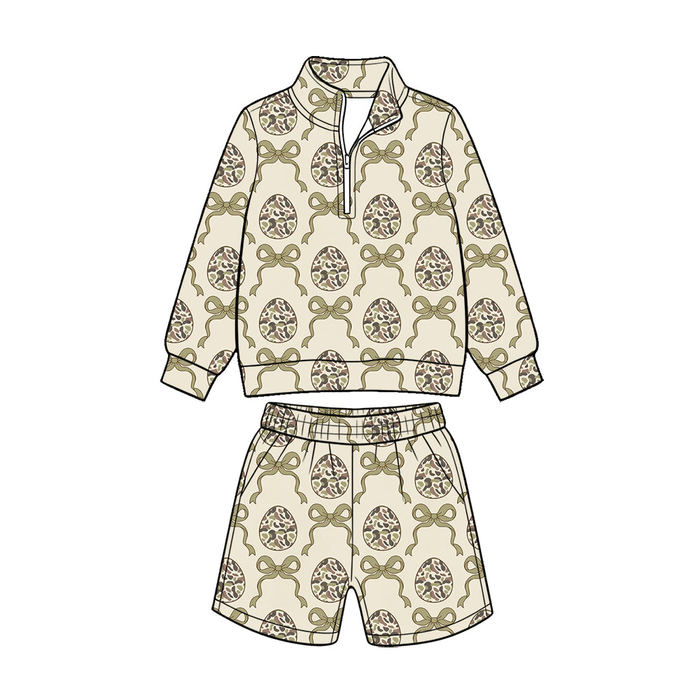 (Custom Design Preorder MOQ 5 Each) Eggs Bunny Print Long Sleeve Zipper Top Shorts Girls Easter Clothes Set Sisters Wear