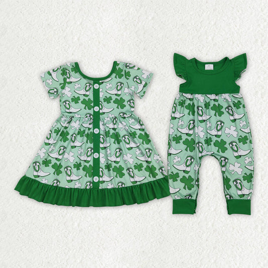 Sibling Baby Girls Green Clovers Boots St Patrick Button Ruffle Knee Length Dress Rompers