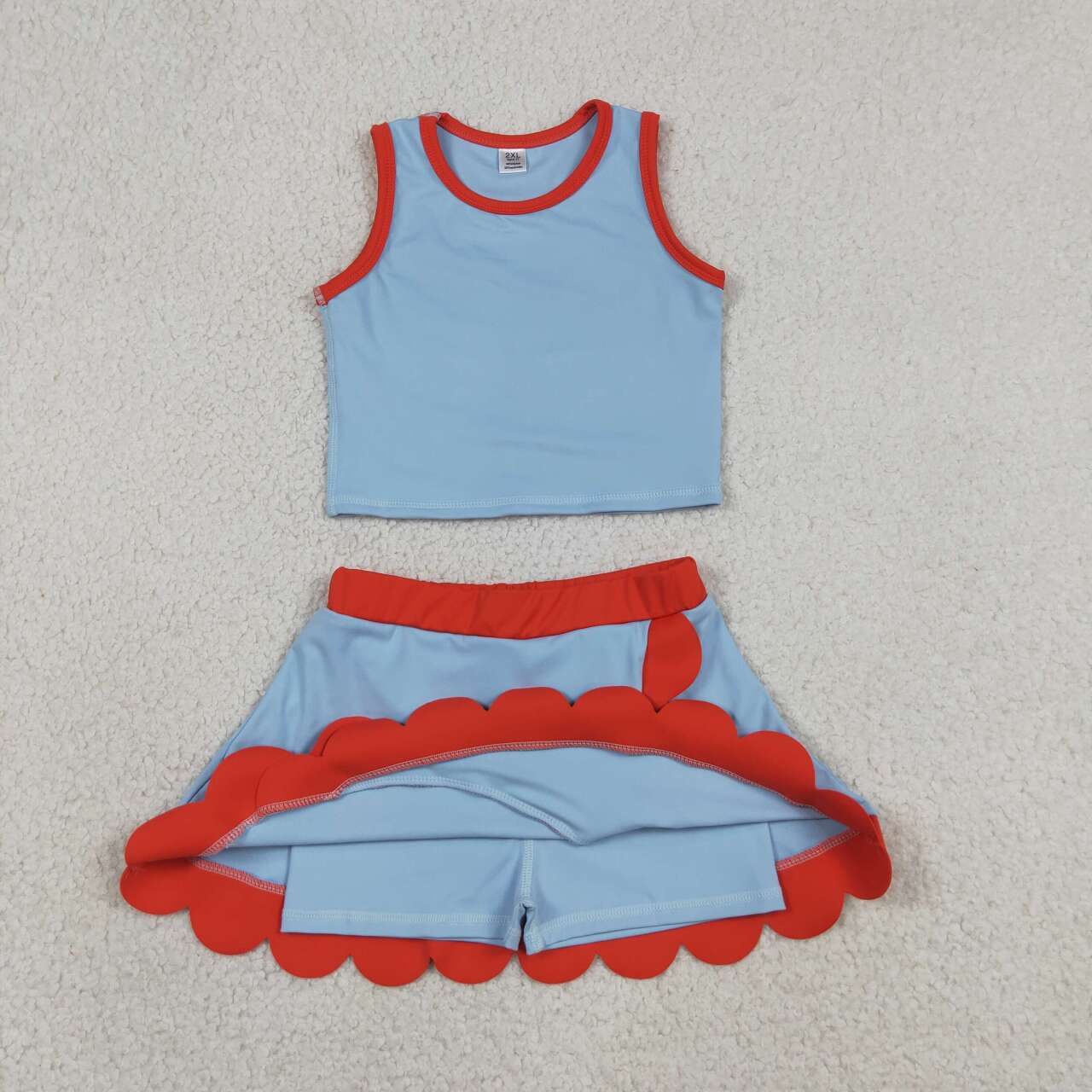 Toddler Girls Blue & Red Scalloped Edge 2-Piece Set | Sleeveless Top & Skort Active Outfit