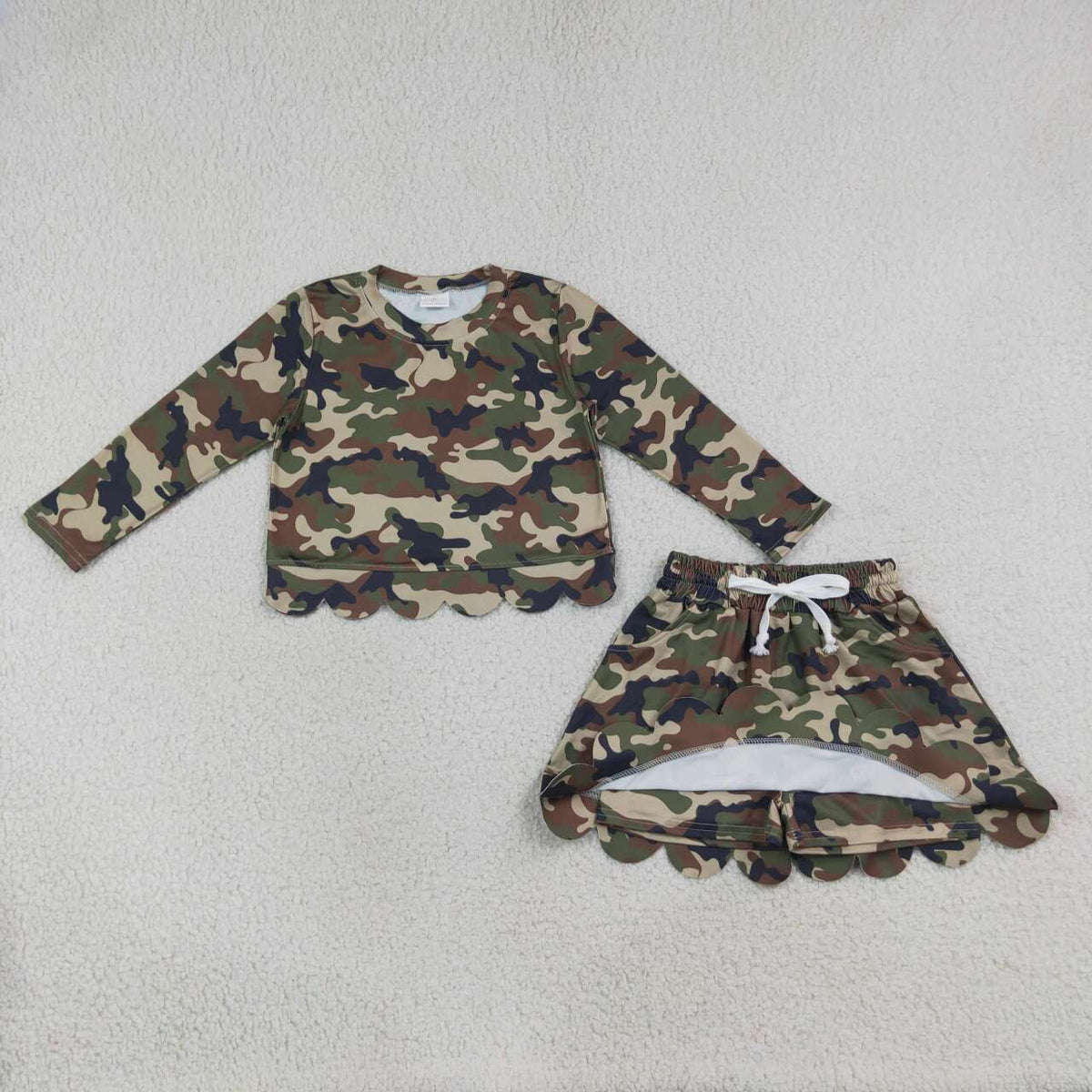 GLD1620 Brwon Green Black Camo Long Sleeve Top Skort Girls Scallop Clothes Set