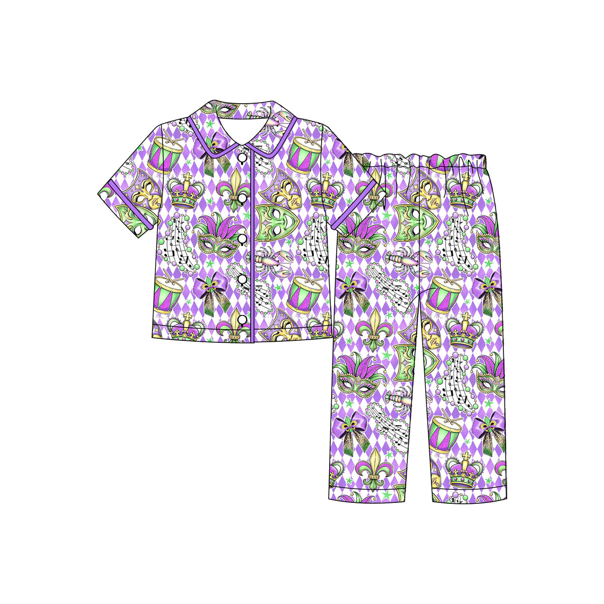 (Custom Design Preorder MOQ 5 Each)Mask Print Girls Mardi Gras Buttons Pajamas Clothes Set Sisters Wear