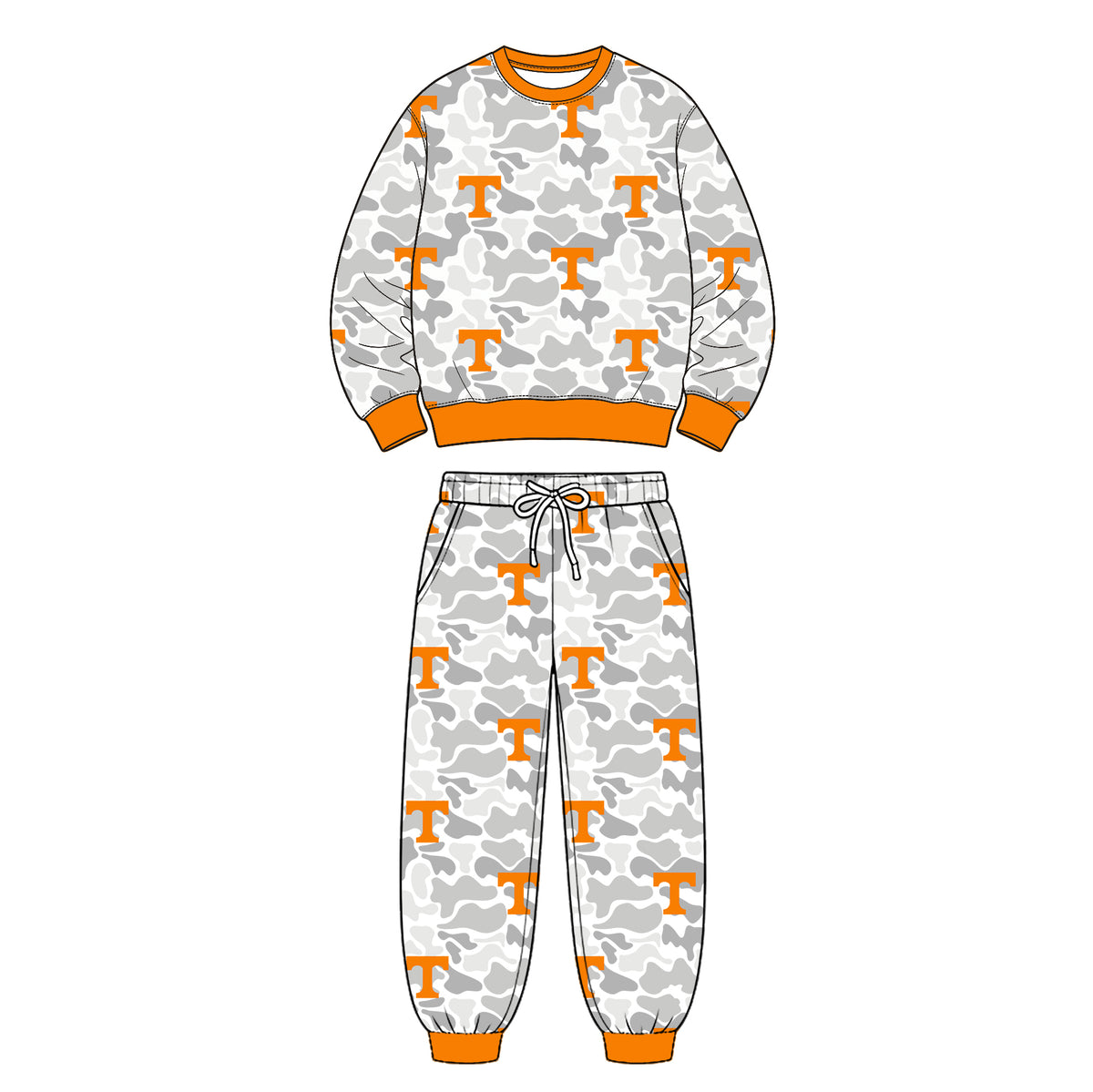 (Custom Design Preorder MOQ 5 Each)Teams Logo Camo Print Long Sleeve Top Pockets Pants Boys Clothes Set Brothers Wear