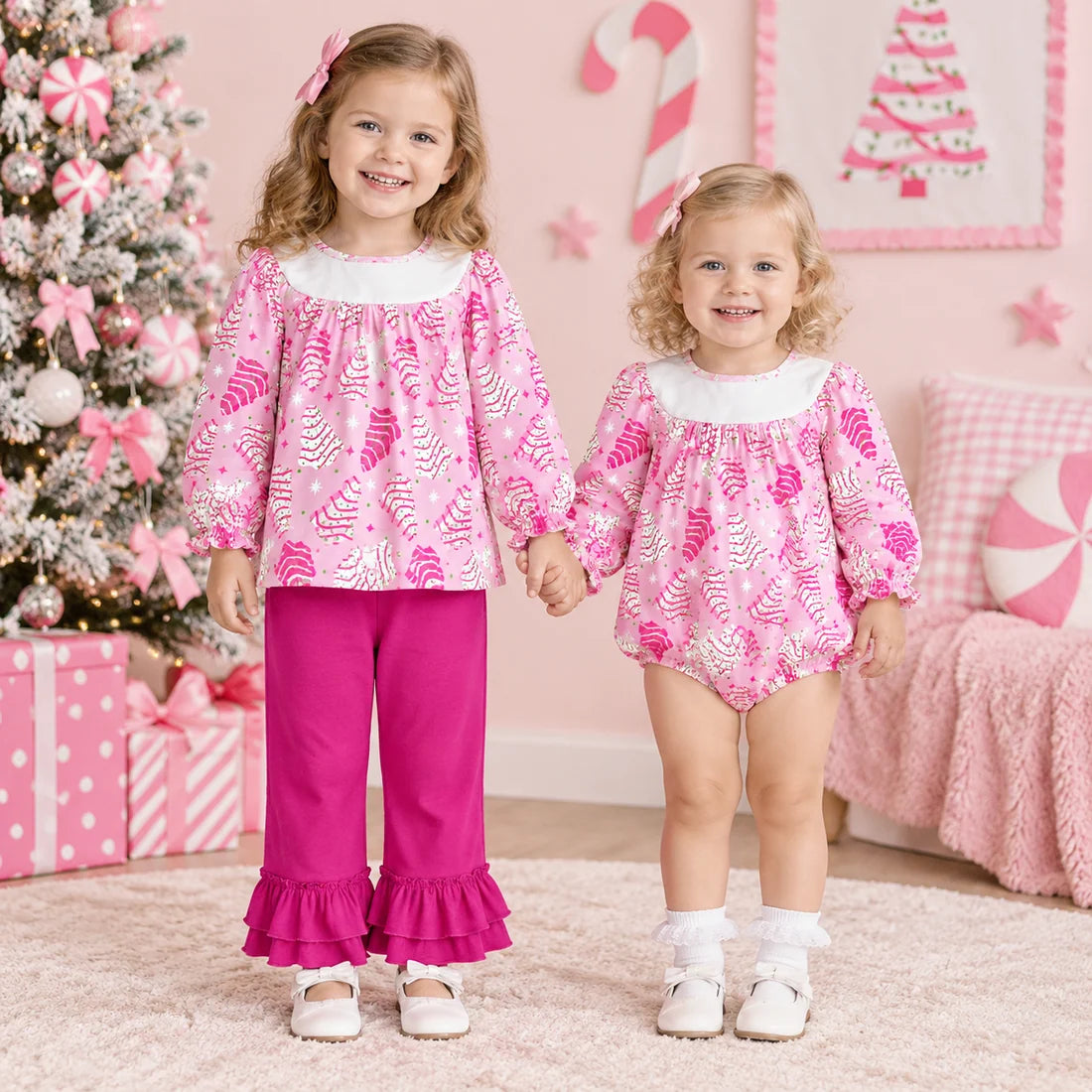 Sibling Baby Girls  Christmas Tree Cake Pink Outfit +Romper
