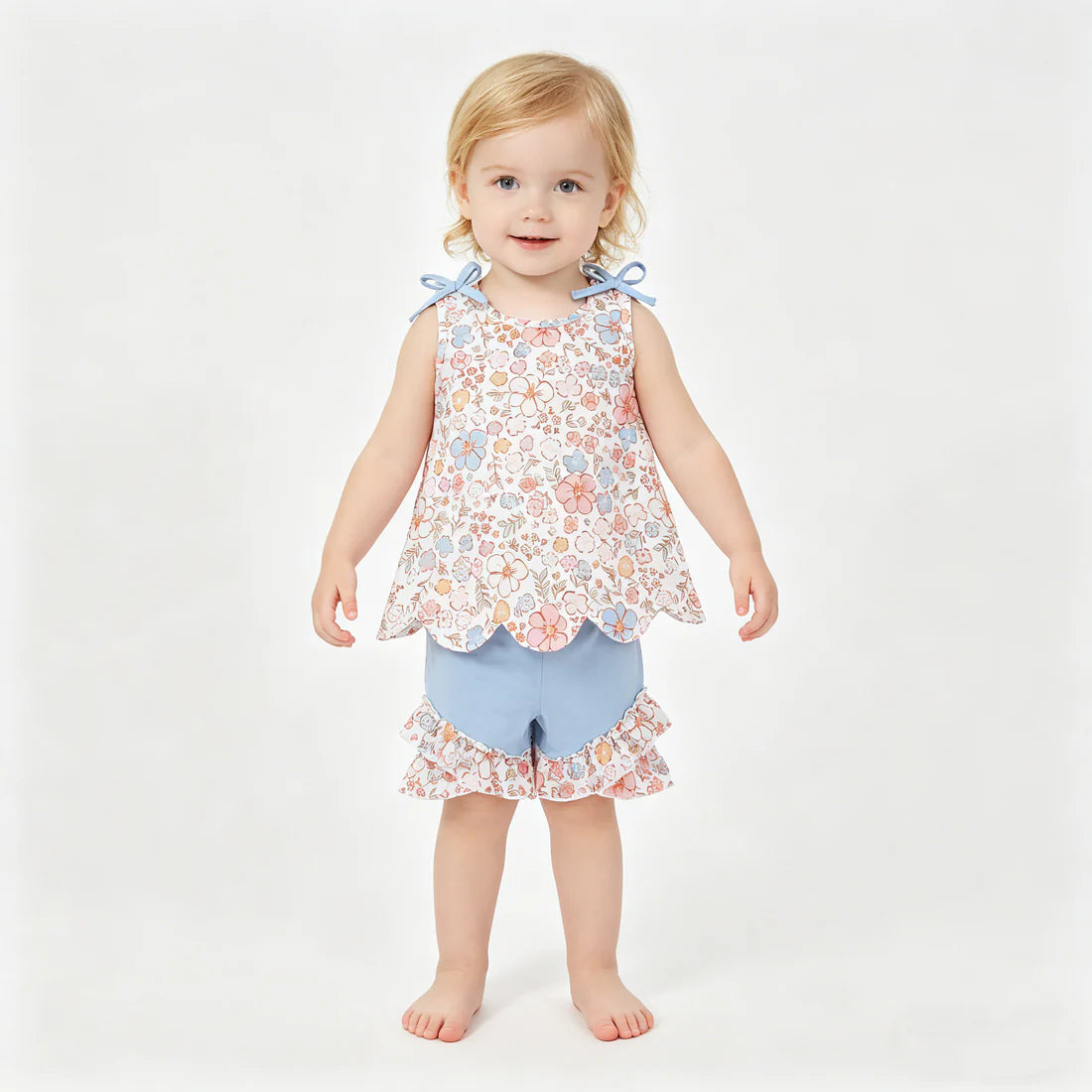 Sibling Baby Girls Colorful Flowers Scallop Tunic Ruffle Short Clothes Sets