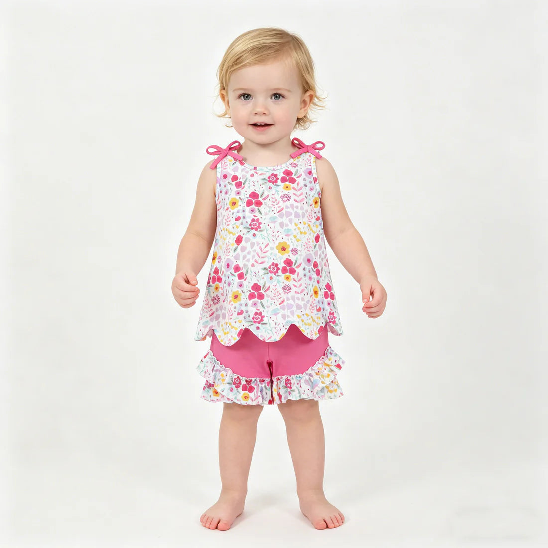 Sibling Baby Girls Colorful Flowers Scallop Tunic Ruffle Short Clothes Sets