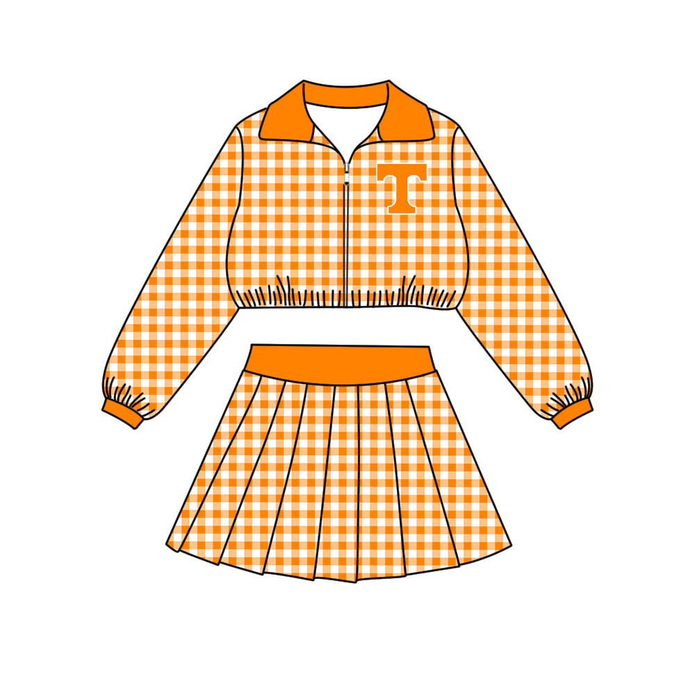 (Custom Design Preorder MOQ 5 Each)Teams Logo Checkered Print Long Sleeve Zipper Top Skort Girls Clothes Set Sisters Wear
