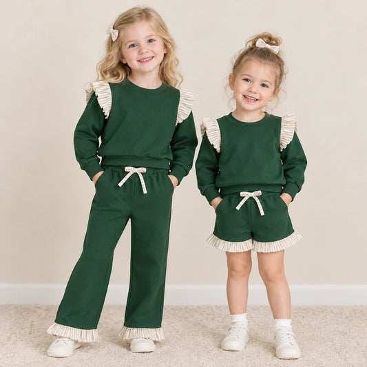 Sibling Kids Girls Green Long Sleeve Top  Pants and Shorts Outfit With khaki Striped Ruffle
