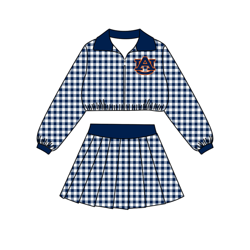 (Custom Design Preorder MOQ 5 Each)Teams Logo Checkered Print Long Sleeve Zipper Top Skort Girls Clothes Set Sisters Wear