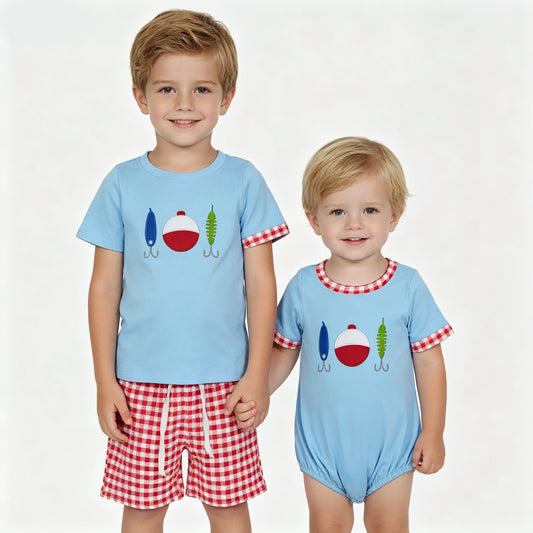 Sibling Matching Outfits Boys Fishing Lure Print T-Shirt Set & Romper