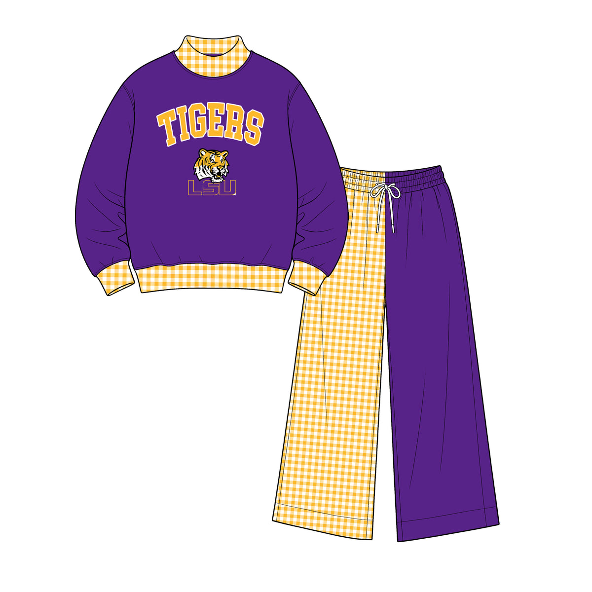 (Custom Design Preorder MOQ 5) Lsu Mock Neck  Top with Patch Wide Leg Sport Team Set