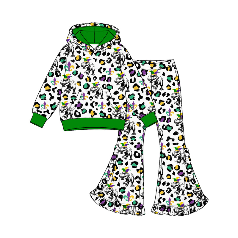 (Custom Design Preorder MOQ 5 Each) Dino Colorful Leopard Print Girls Mardi Gras Clothes Set Sisters Wear