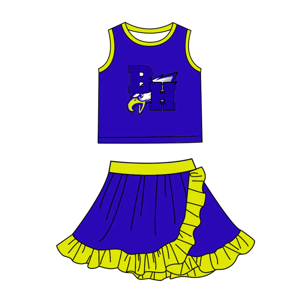 (Custom  Preorder MOQ 5) Baby Girls Hot Blue BH Eagles Vest Top Ruffle Skirt Short Team Clothes Sets