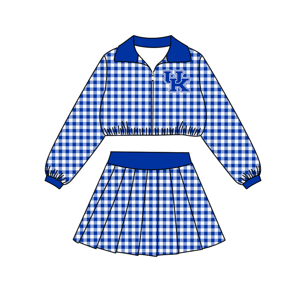 (Custom Design Preorder MOQ 5 Each)Teams Logo Checkered Print Long Sleeve Zipper Top Skort Girls Clothes Set Sisters Wear