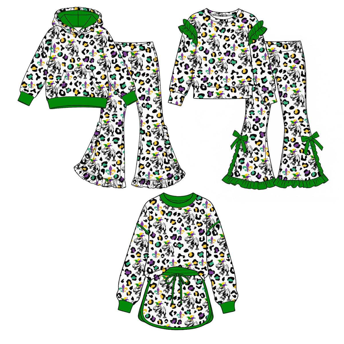 (Custom Design Preorder MOQ 5 Each) Dino Colorful Leopard Print Girls Mardi Gras Clothes Set Sisters Wear