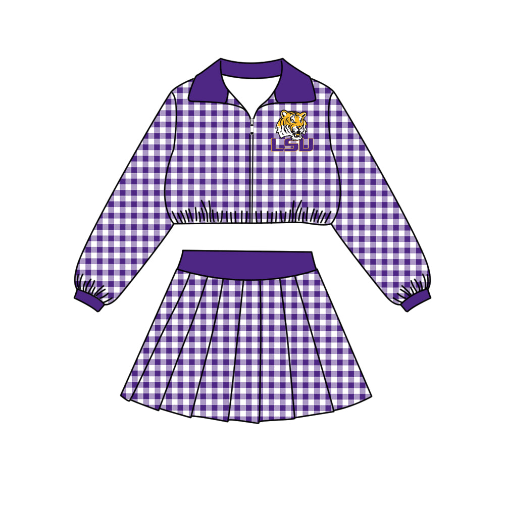 (Custom Design Preorder MOQ 5 Each)Teams Logo Checkered Print Long Sleeve Zipper Top Skort Girls Clothes Set Sisters Wear