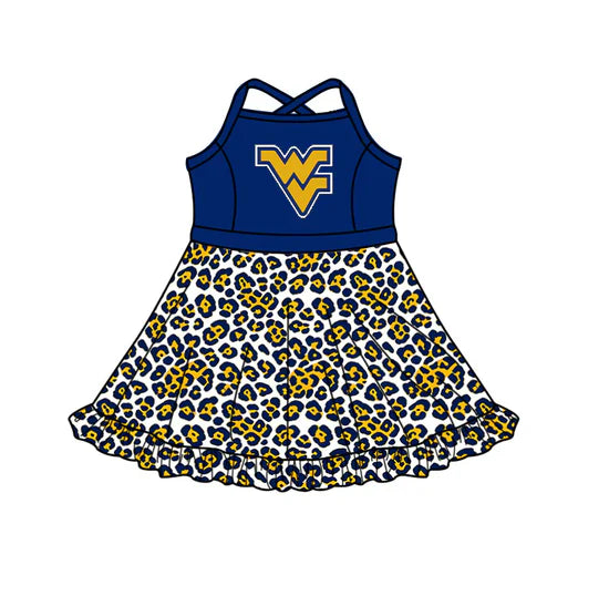 (Custom  Preorder MOQ 5) Baby Girls Strap Leopard WV Team Knee Length Dress ）