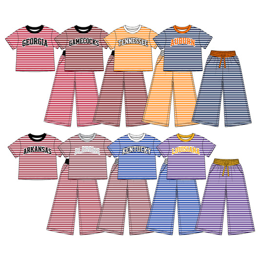 (Custom Design Preorder MOQ 5 Each)Teams Stripes Print Short Sleeve Top Straight Pockets Pants Girls Clothes Set Sisters Wear