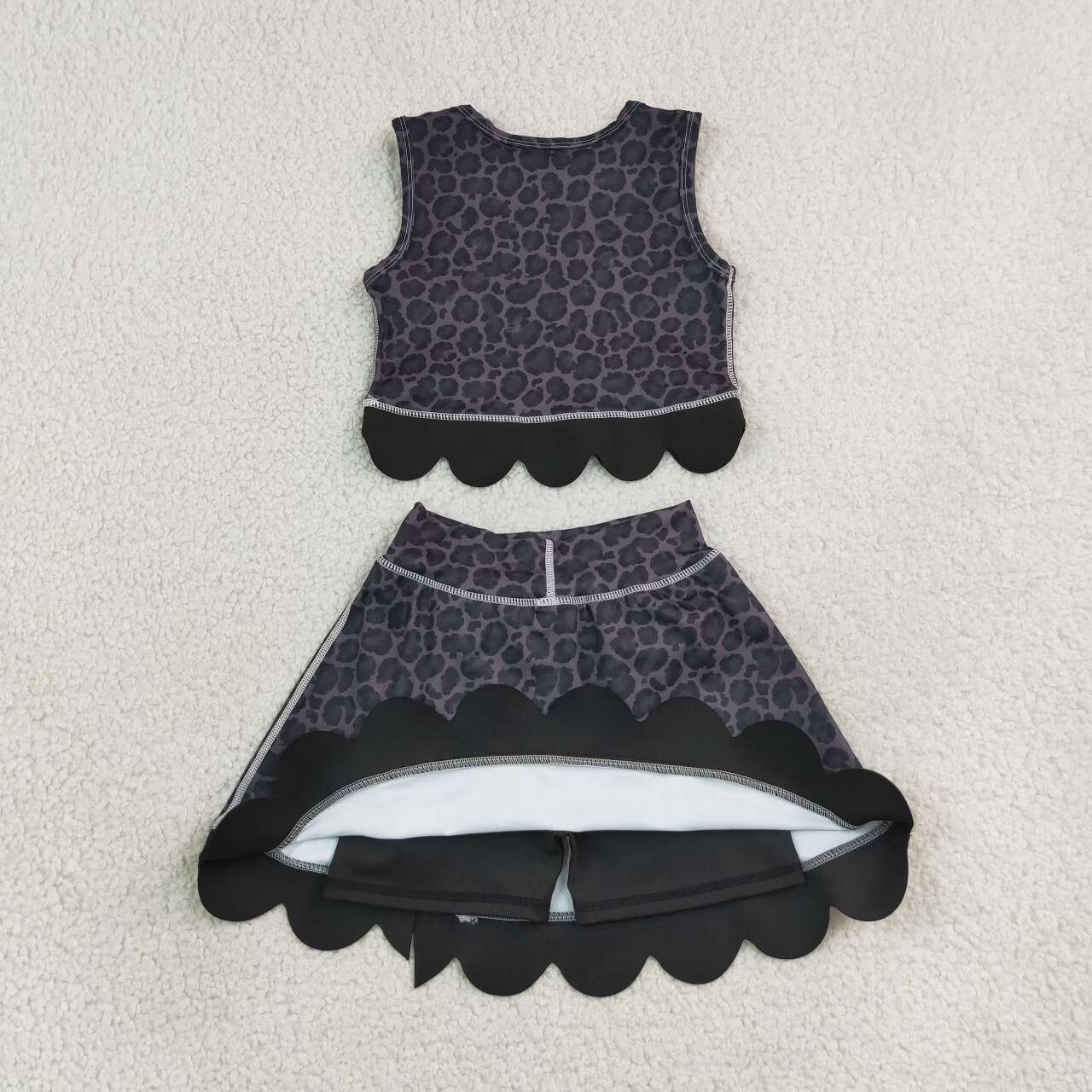 GSD4268  Black Leopard Bows Girls Summer Scallop Yoga Clothes Set