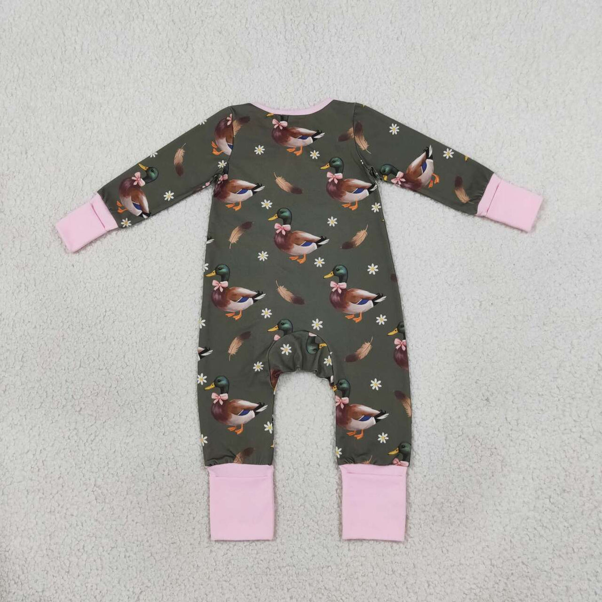 LR3225 Duck Flowers Baby Girls Long Sleeve Zipper Sleeper Romper