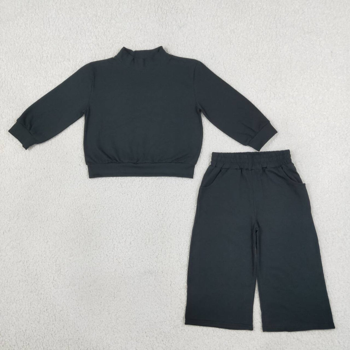 GLP3411 Black Color Mock Neck Long Sleeve Top Pocket Pants Girls Cotton Clothes Set