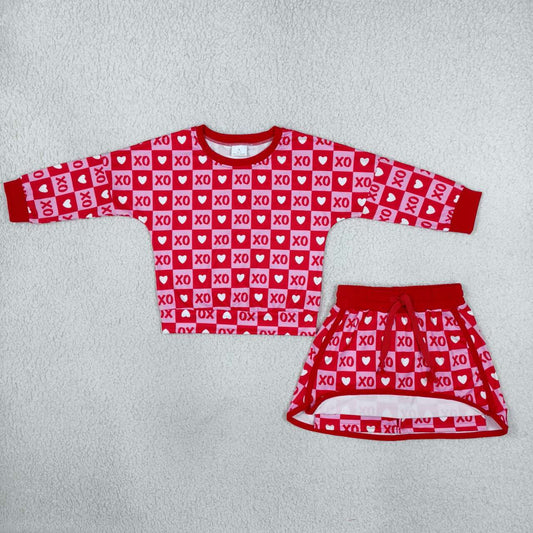 XO Heart Checkered Print Long Sleeve Top Skirts Girls Valentine's Day Clothes Set