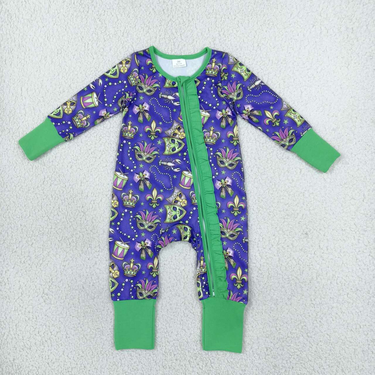 LR3334 Mask Bows Crayfish Print Baby Girls Mardi Gras Zipper Sleeper Romper