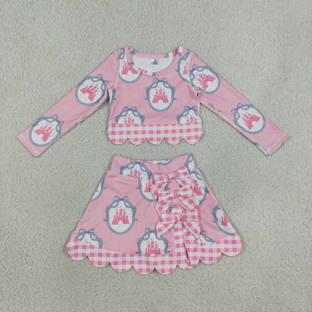 Castle Bows Long Sleeve Top Skirts Girls Scallop Yoga Clothes Set