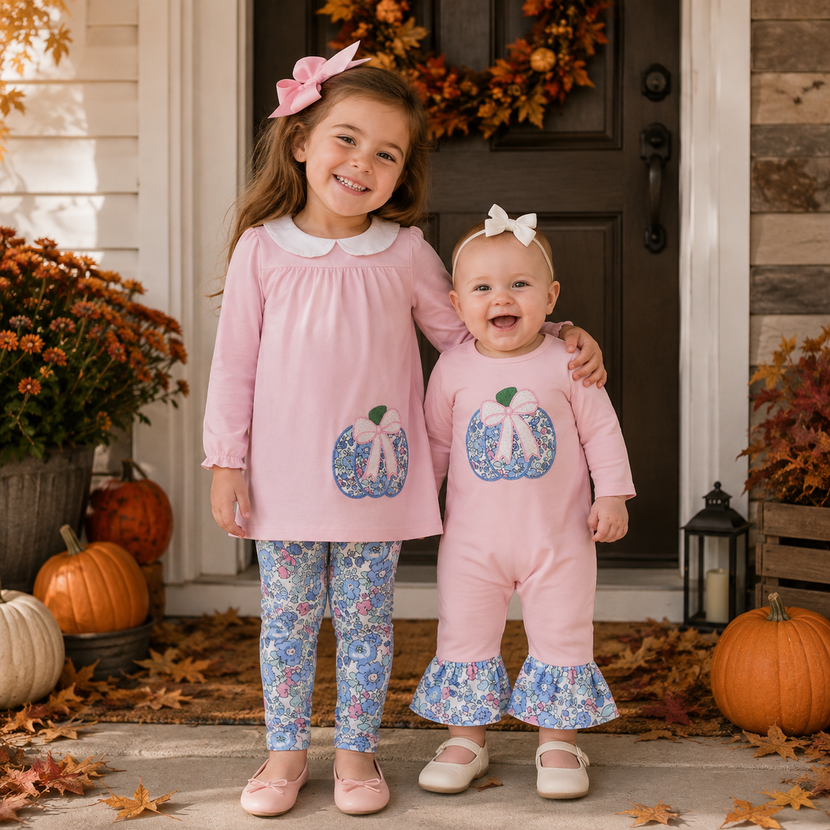 Sibling Baby Girls  Embroidery  Floral Pumpkin Tunic Top Outfit and Romper