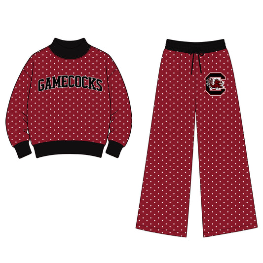 (Custom Design Preorder MOQ 5 Each) Teams GAMECOCKS Polka Dots Mock Necks Top Logo Pockets Pants Girls & Woman Clothes Set
