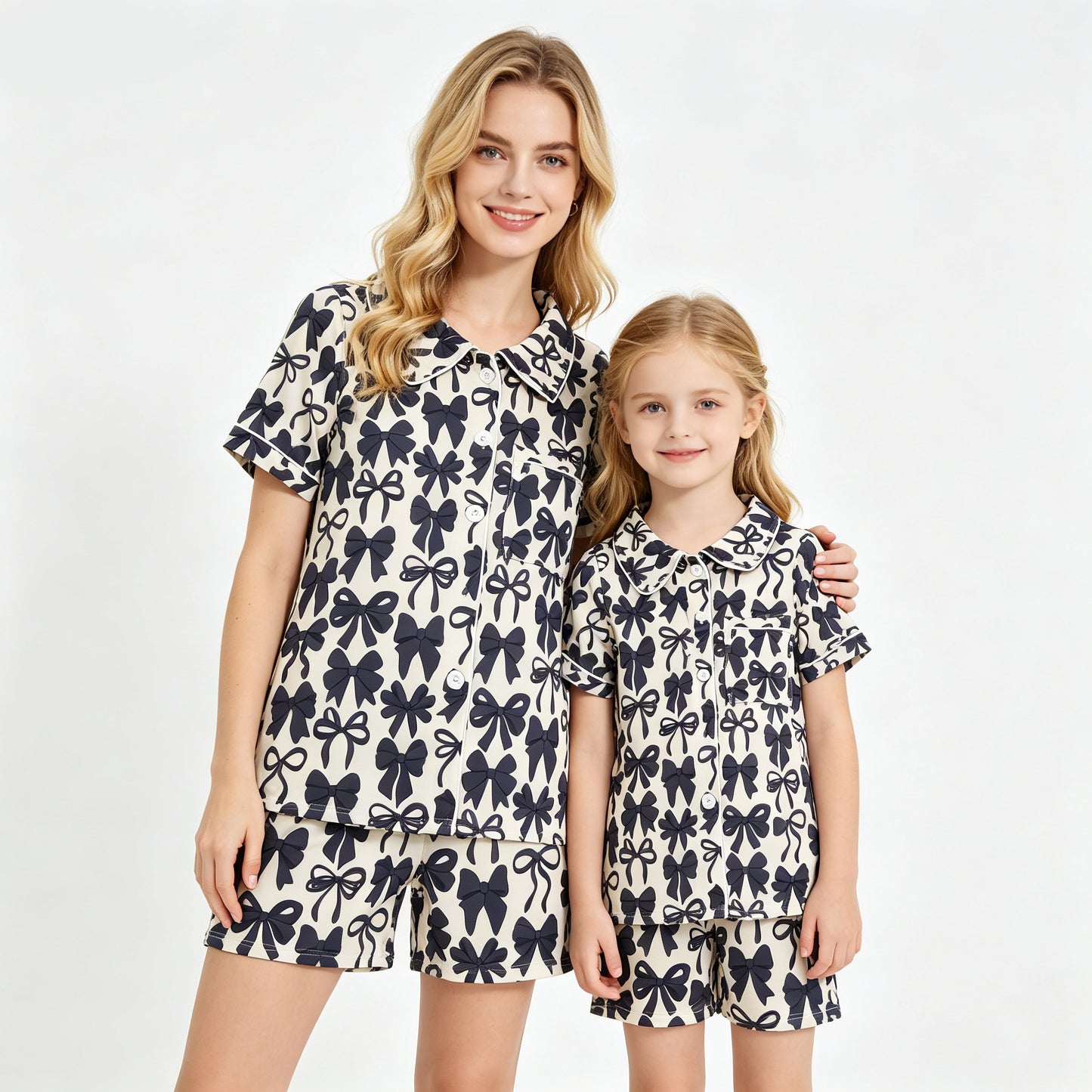 Mommy and Me Baby Girls Black Bows Button Pocket Top Short Pajamas Sets
