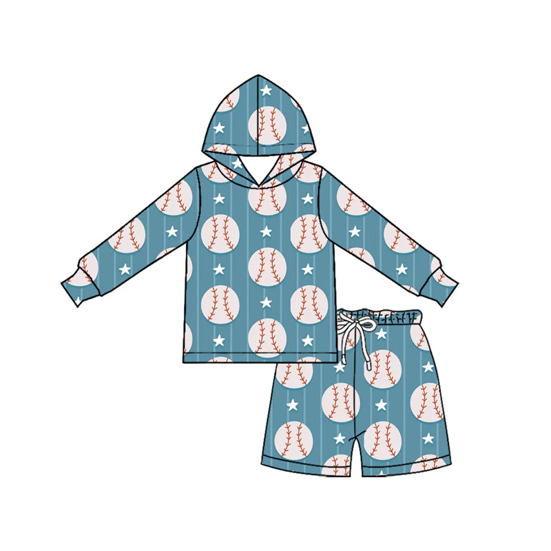 (Custom Design Preorder MOQ 5 Each)Baseball Print Hoodie Top Pockets Shorts Boys Clothes Set Brothers Wear