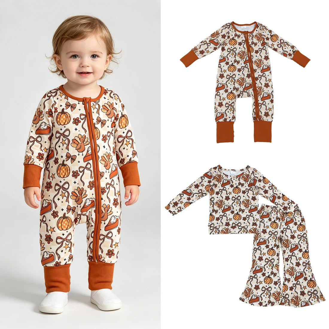 Sibling Baby Girls Thankgsgiving Turkey Pumpkin Outfit Romper