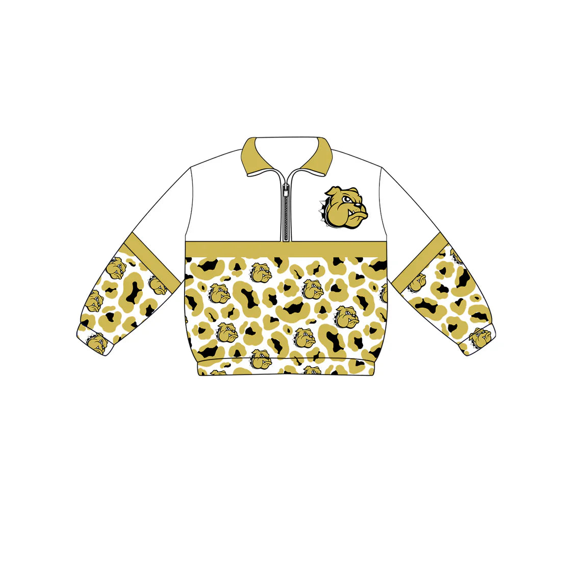 (Custom  Preorder MOQ 5) Baby Boys Long Sleeve Gold Leopard Bulldogs Team Zip Pullovers Top