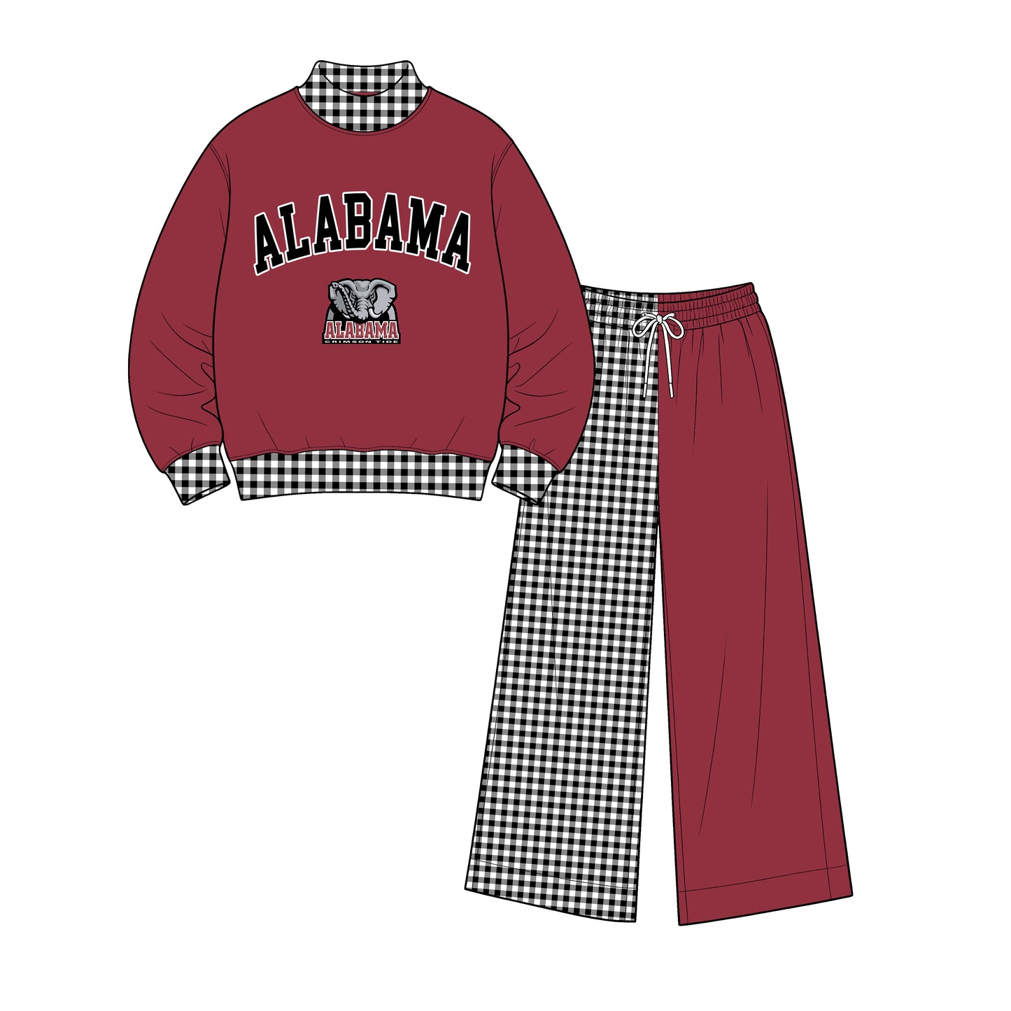 (Custom Design Preorder MOQ 5) Alabama Mock Neck  Top with Patch Wide Leg Sport Team Set