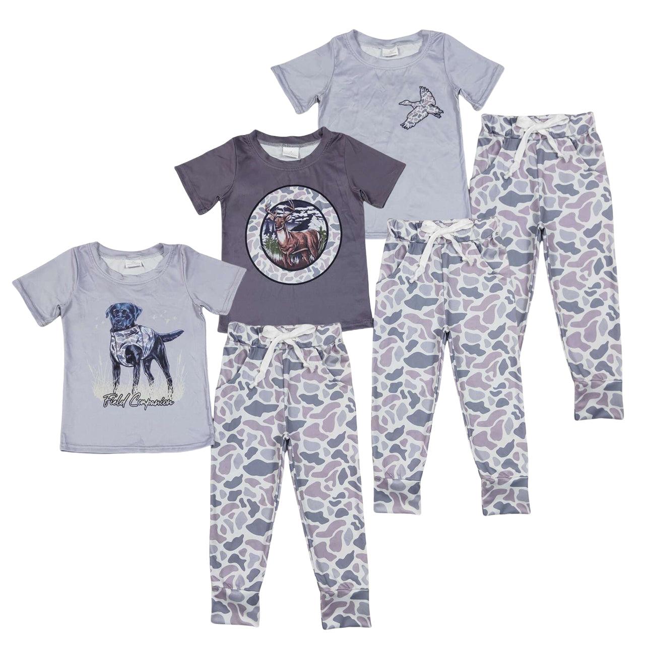 Sibling Baby Boys  Huting Grey Short Sleeve Top with Camo Jogger Outfit