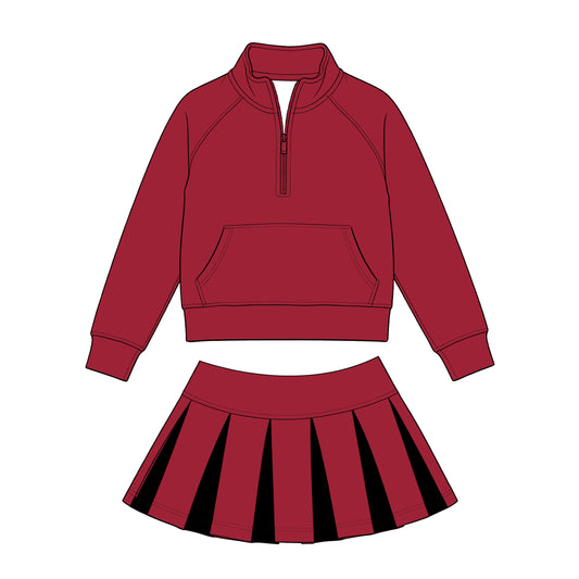 (Custom Design Preorder MOQ 5) Kids Girls Sport Team Dark Red Long Sleeve Pullover Top with Skort Outfit