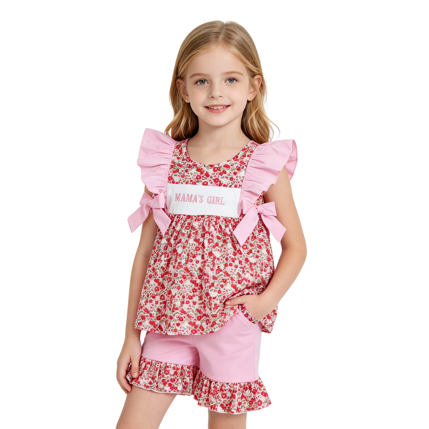 Embroidery Mama's Girls Flowers Tunic Pockets Ruffle Shorts Clothes Set