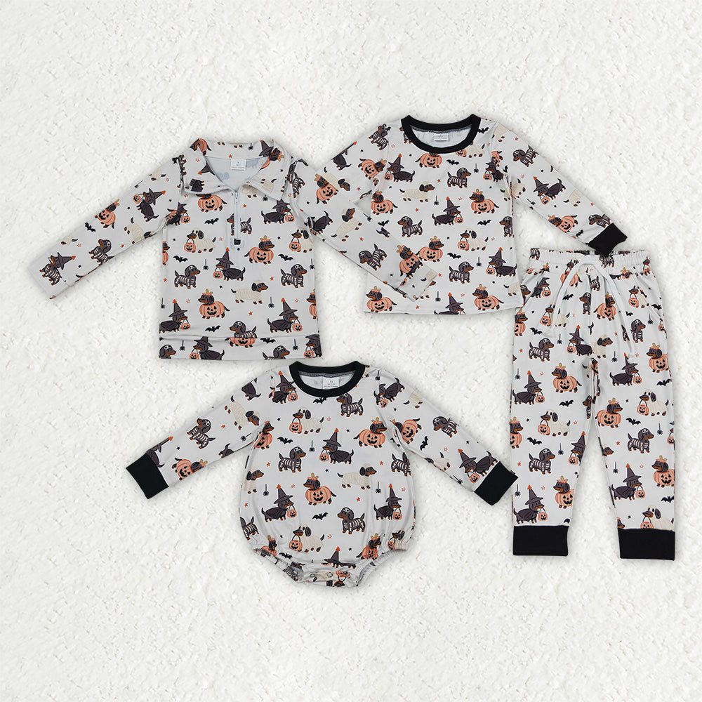 Sibling Baby Boys Hallowen Pumpkin Dog Pullover Top Pajama Set and Romper
