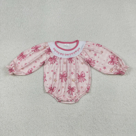 Embrodiery Pink Bow Baby Girls Valentines Long Sleeve Bubble Romper