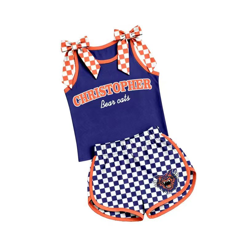 (Custom Design Preorder MOQ 5) Girls  Christopher  Bow Strap Tank &  Purple Checked Shorts Sport Team Outfit