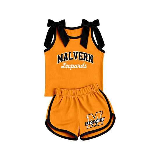 (Custom Design Preorder MOQ 5) Teams Malvern LEOPARDS Bows Vest Top Orange Shorts Mommy and Me Summer Clothes Set