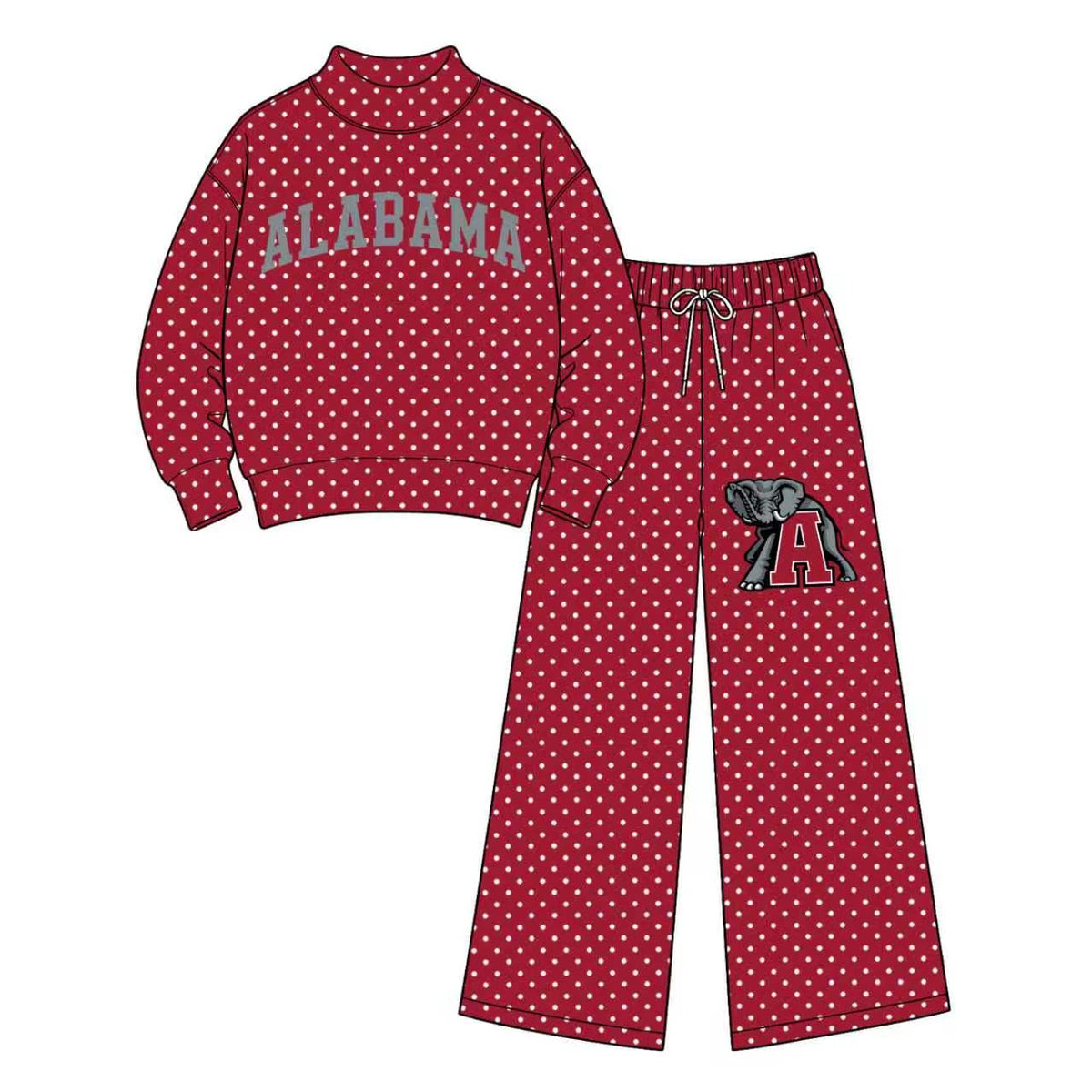(Custom Design Preorder MOQ 5 Each) Teams ALABAMA Polka Dots Mock Necks Wine Top Logo Pockets Pants Girls & Woman Clothes Set