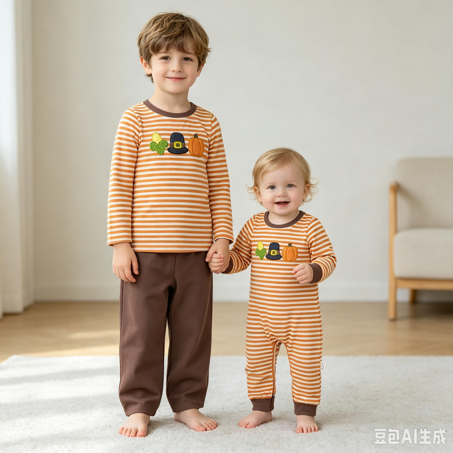 Sibling Baby Boys Embroidery Corns Pumpkins Stripe Top Pants Fall Clothes Set Rompers