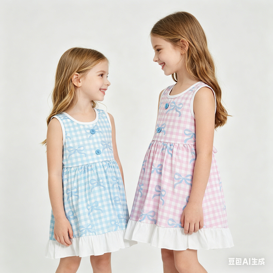 Sibling Baby Girls Sleeveless Bows Checked Button Ruffle Knee Length Dresses