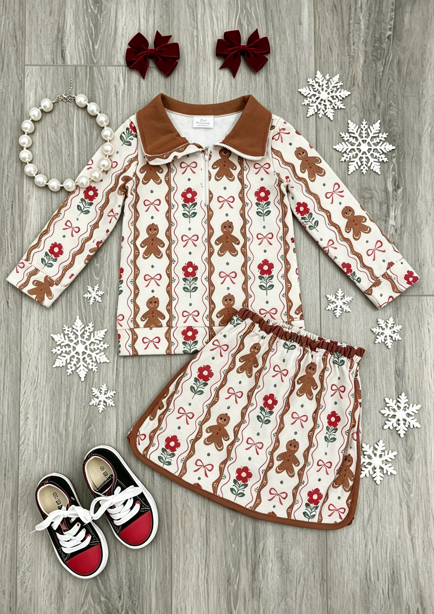 GLD1607 Gingerbread Flowers Bows Print Girls Christmas Outfits - Zipper Top & Skort Set